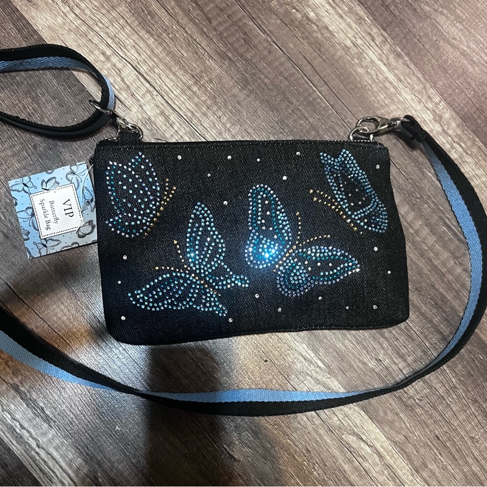 Denim Brighton crossbody with rhinestone butterflies